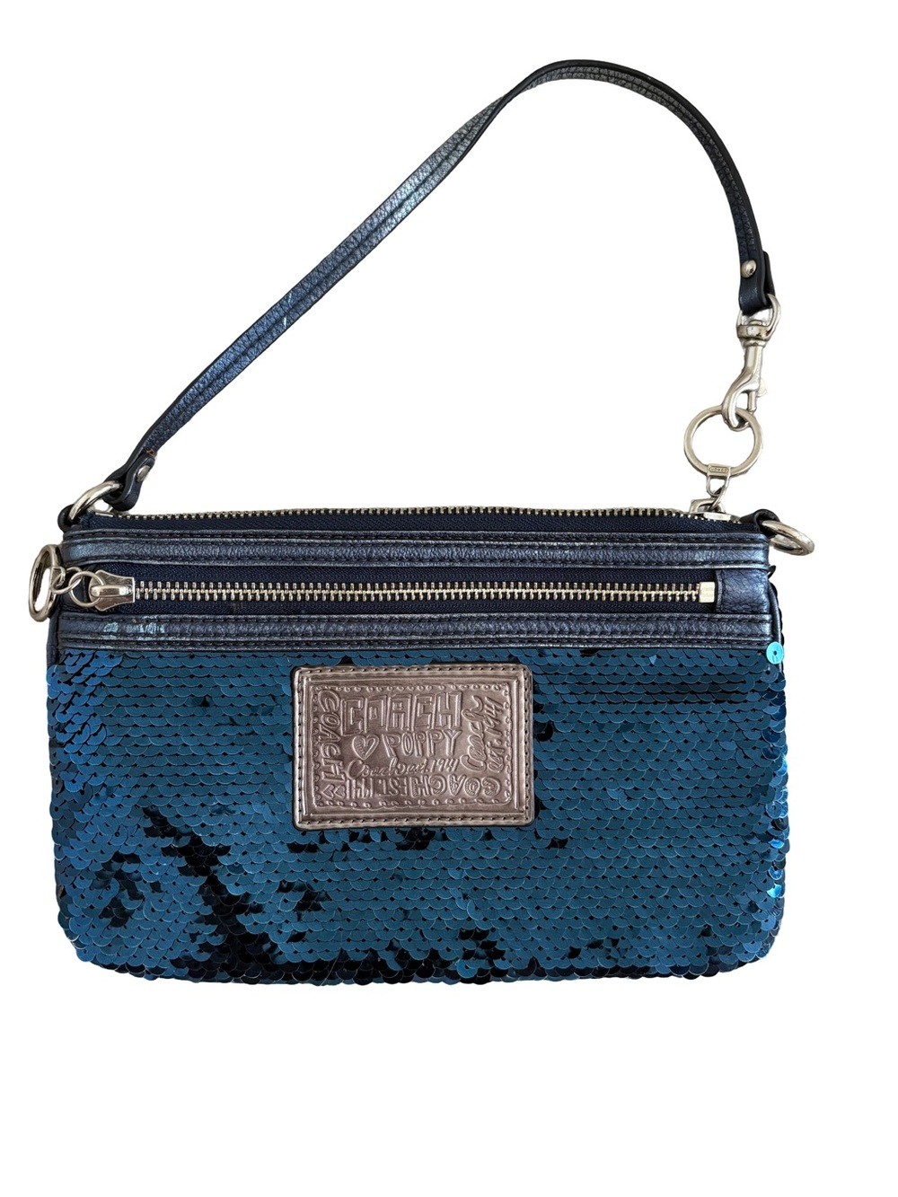 Rare Coach Poppy Sequin Wristlet Clutch in Teal Blue with Detachable Strap